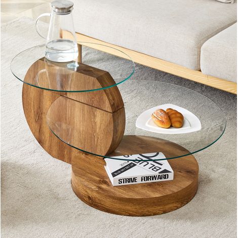 Couchtisch Ø69.8/49.8 cm transparent in Glas und MDF mit mehrstufigen Ablagen (1/5)