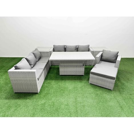 Fimous 7 PCs Rising Dining Table Set Rattan Furniture Set with 3 Seater Sofa Chair 2 Side Tables Big Footstool Light Grey (1/5)