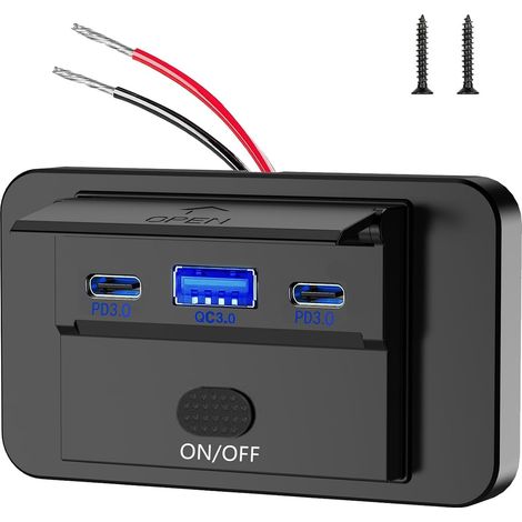 Prise Chargeur USB Voiture, Panneau de Charge USB Voiture 3 Ports 12V/24V, Chargeur de Voiture avec 2 Ports PD3.0 C et QC3.0 A, Commutateur, Adaptateur pour Voiture, Fourgon, Bateau (1/5)