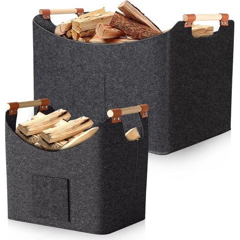 Feuerholzkorb 2er Set 67L & 96L – Filz Holzkorb mit Griffen, 50×32×40 cm & 60×40×40 cm, Kaminholz Tasche Faltbar, Robuster Aufbewahrungskorb für Kamin, Wohnzimmer & Garten (1/5)