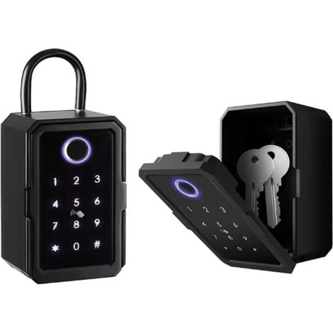Coffre-fort à clés extérieur avec Bluetooth – Déverrouillage par empreinte digitale, code ou smartphone – Alliage de zinc et acier inoxydable (1/5)