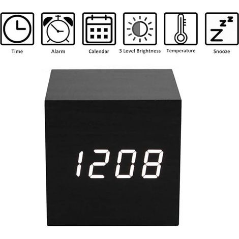 Wecker aus Holz – Mini-LED-Digitalwecker im Würfelformat mit Anzeige von Uhrzeit, Datum und Temperatur, 3 Helligkeitsstufen und Sprachsteuerung. Ideal für Zuhause, Büro und Reisen.