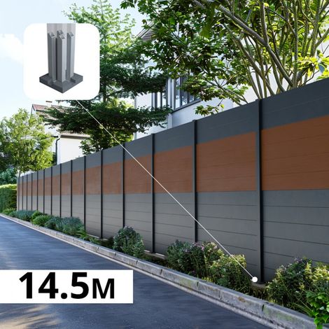 Kit Clôture Aluminium BAHIA & CRUZ Teck 14,68x1,8m - Aluminium et bois composite - Poteaux sur Platines gris - Brise vue - Palissade