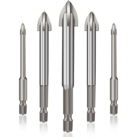5 forets pour carreaux de céramique, tête en carbure cémenté, diamètres 3 à 7 mm, longueurs 70 à 80 mm, pour perçage précis sur céramique, marbre, verre et métal fin (1/5)