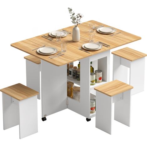 HOMCOM conjunto mesa y 4 sillas de comedor, mesa de comedor plegable con taburetes ocultos, 2 alas abatibles, ruedas, estantes, roble (1/5)