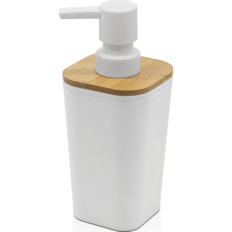 Dispenser sapone in finitura bianca opaca con dettagli in bambù (1/5)