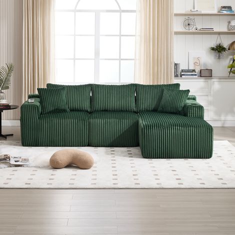 Divano modulare con chaise longue, 5 cuscini, tessuto in velluto a coste verde DESVIAE (1/5)