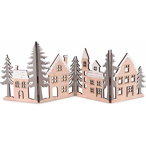 Decorazione natalizia per vetrina a villaggio natalizio in legno pieghevole, set da 2 pezzi, cm 59 x 20,5 H