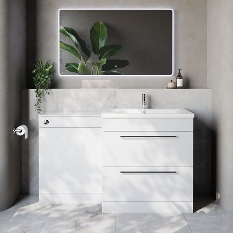 Napoli 460 Cento Gloss White 1400mm 2 Drawer Vanity Unit Toilet Suite with Glide Basin - 1400mm - Chrome 480mm HandleWithout Kingston Toilet Pan
