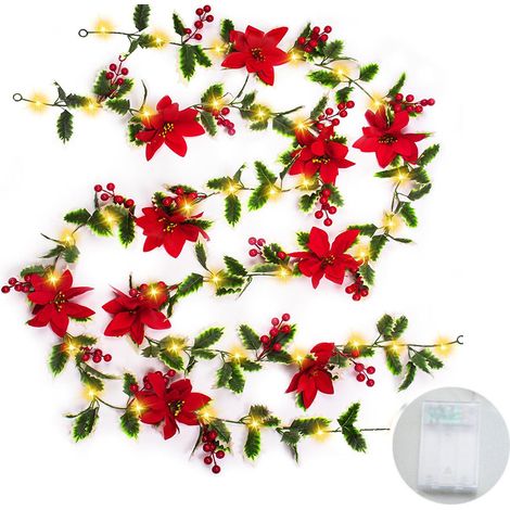 1Guirlande de Noël LED avec 20 leds Poinsettia Houx et Fruits Rouges Décoration Murale Intérieure Plantes Vertes Cannes Artificielles 3m (1/5)