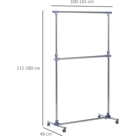 Tringle à vêtements réglable en hauteur et extensible avec 4 roulettes, en acier inoxydable et plastique ABS, 165 x 48 x 180 cm (1/5)
