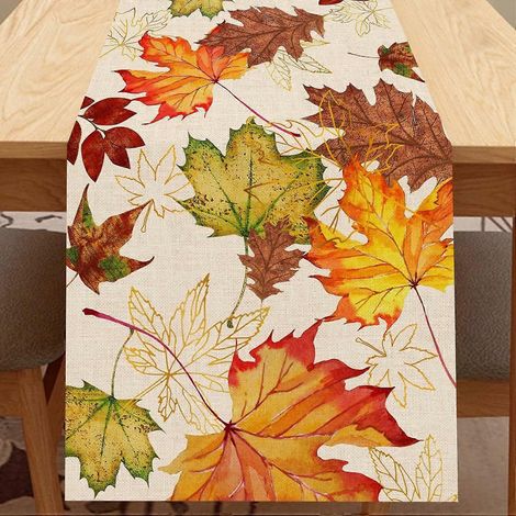 Chemin de table Feuilles d'érable d'automne, Décoration de cuisine aquarelle Fleurs jaunes botaniques pour Thanksgiving, Plantes colorées de la récolte d'automne, Chemin de table en toile de jute styl (1/5)