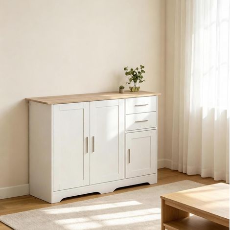Credenza soggiorno con 2 cassetti e 2 ante, ripiano regolabile, bianca e legno chiaro, mobile contenitore per ingresso e sala da pranzo 100 x 40 x 78 cm  FLORAGRACE (1/5)