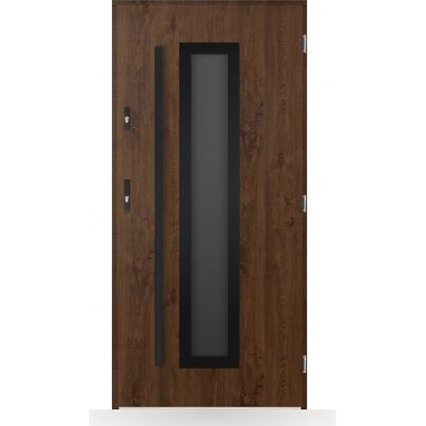 Porte d'entrée Célia 80-90-100cm en acier - Couleur: Noyer - Poussant: Droit - Dimensions: 90 cm