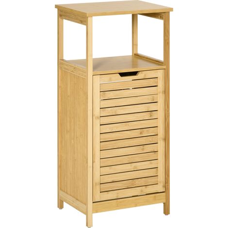 Mobiletto Bagno con Cesto Multiuso per Bucato e Giocattoli, in MDF e Bambù, 40x30x86.5cm