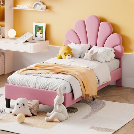 MODFU – Lit enfant 90x200 cm MDF/métal – Tête de lit fleur capitonnée – Sommier 12 lattes renforcées – Charge 200 kg – Rose (1/5)