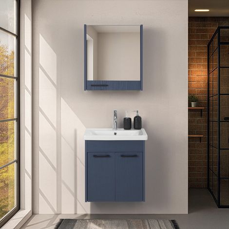 Mobile bagno sospeso 55 cm blu effetto legno con armadietto a specchio Sofia (1/5)