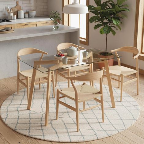 Table à manger pour 4 personnes, 120x60x76cm, table de cuisine, transparent, plateau en verre trempé et pieds en acier (1/4)