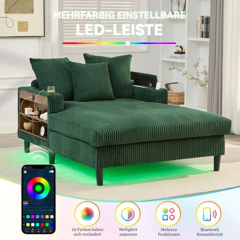 Chaiselongue multifonctionnelle en velours côtelé avec espace de rangement, éclairage LED, porte-gobelets, port USB et pieds en plastique robustes (1/5)