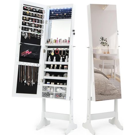 GOPLUS Armoire à Bijoux sur Pied avec Miroir sans Cadre,Miroir Intégré,Lumières LED,4 Angles Réglables,Serrure à Clé,Blanc (1/4)