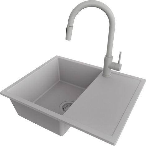 PRIMAGRAN Evier Cuisine en Granit 62x50cm,Lavabo 1 bac + Robinet 40x20cm + Kit de Vidage, Évier à Encastrer au meuble 45cm - Ibiza, Gris (1/5)