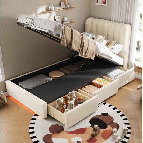 Cama individual con almacenaje 90x200 cm con elevación hidráulica, 3 cajones y LED, beige HAVRYA (1/5)