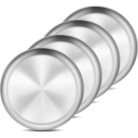 Service de table - Couverts ronds, 20 cm de diamètre - Argenté - Assiettes en acier inoxydable - 4 pièces - Assiettes à fruits et à gâteaux - Plateau (1/5)
