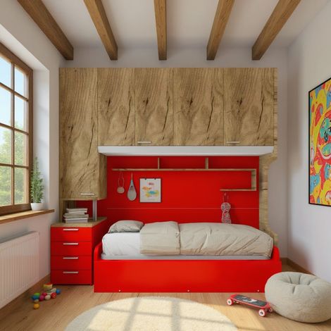 Cameretta a ponte con letto estraibile e spazio intelligente - Quercia e Rosso