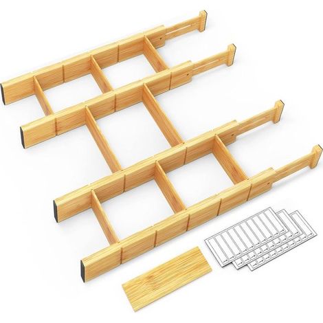 Divisori per cassetti regolabili in bambù con inserti ed etichette,organizzazione per cucina e ufficio,4 divisori con 9 inserti