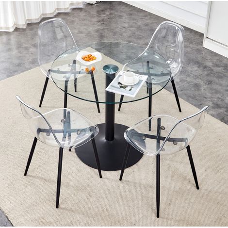 Set tavolo da pranzo rotondo in vetro temperato 85 cm con 4 sedie trasparenti (1/5)