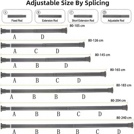 Tringles à rideaux de 80 à 126 cm de long, 2,5 cm de diamètre, tiges télescopiques en acier inoxydable à tension réglable par ressort (1/5)
