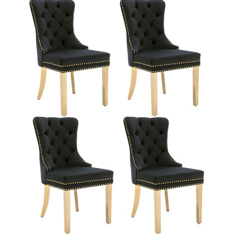 Sedia da pranzo imbottita in velluto nero con gambe in acciaio inox dorato 50,5 x 45 x 95 cm (1/5)