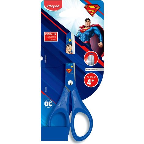 MAPED - CISEAUX PULSE SUPERMAN 13CM - ANNEAUX ERGONOMIQUES - DÉCOUPE HAUTE QUALITÉ - CISEAUX ENFANTS BOUTS RONDS, DÈS 4 ANS - CO