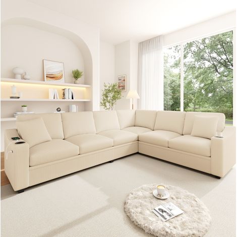 Modulares L-Ecksofa, 6-Sitzer mit USB-C, 2 Getränkehaltern & 2 beigen Kissen OKWISH (1/5)