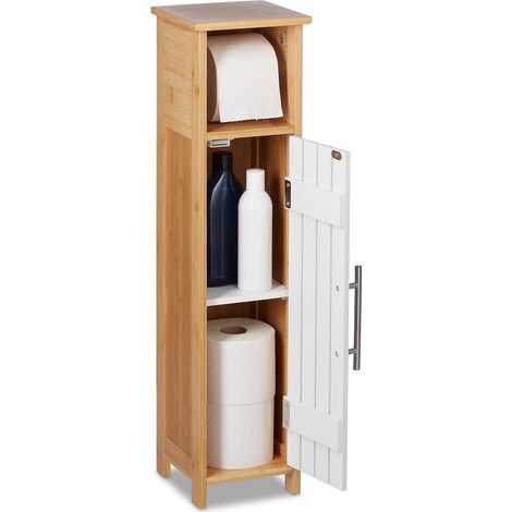 Support Non Fixe pour Papier Toilette, pour Salle de Bain, HxLxP: 71x18x20 cm, MDF & Bambou, Marron - Blanc (1/5)