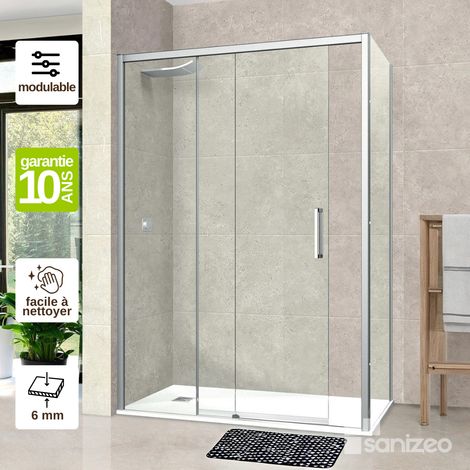 Pare douche porte coulissante et paroi latérale DROITE, L.124xl128l.80H1, Verre Trempé 6mm Easy Clean chromé - Vézannes 2PL SUPERBAN (1/4)
