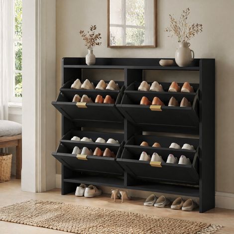 Mobile portascarpe nero con 4 ribalte, vani aperti, 110 x 90 x 24 cm HAVRYA (1/5)
