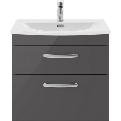 Millwich Contemporary 2 Drawer Wall Hung Vanity Unit with Curved Basin, Gloss Grey, 600mm