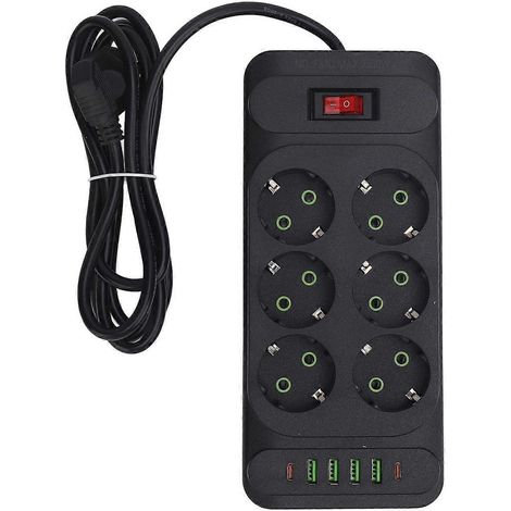 Steckdosenleiste mit 6 Steckdosen, 4 USB-Anschlüssen, 2 Typ-C-Anschlüssen, Wandmontage, Schalter und 2 m Verlängerungskabel