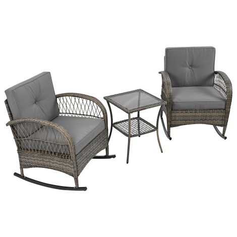 Rattan Balkonset 3-teilig, Balkonset mit Tisch und 2 Stühlen, Schaukelstuhl Balkonset mit grauen Kissen, 160 kg, schwarz/grau