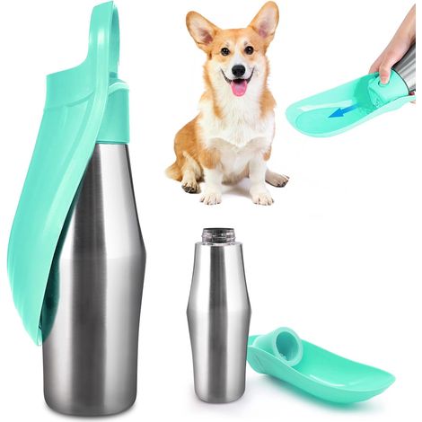 Gourde pour chien - 750 ml - Pliable à 180° - Portable - Acier inoxydable - Idéale pour l'entraînement - Verte - 1 (1/3)