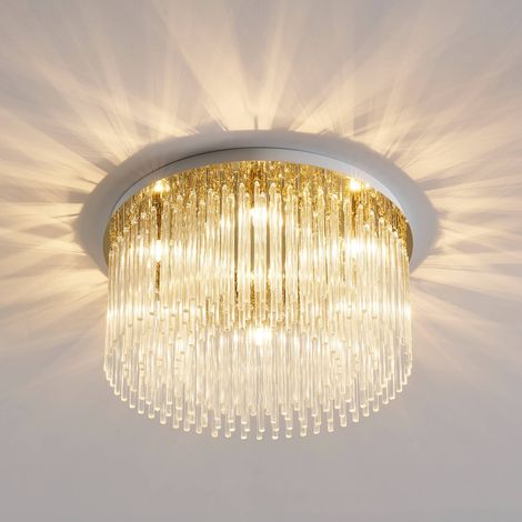 Schicke goldene Deckenleuchte mit transparenten Glasanhängern - Sandrilla
