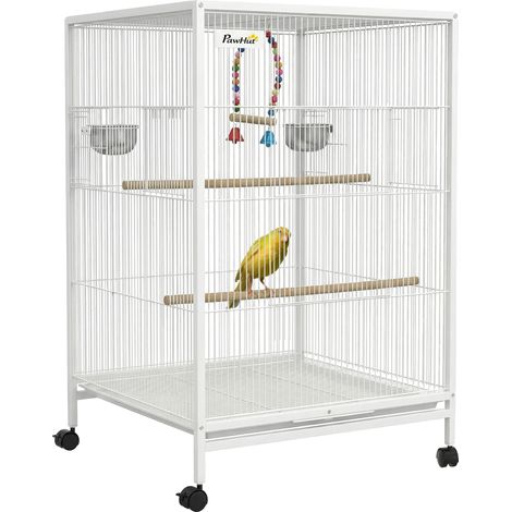 Cage à oiseaux, plateau amovible, roues de mobilité, Blanc, 48X46X78 cm (1/2)