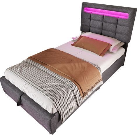 Lit coffre 90x200 cm avec LED APP, USB, rangement hydraulique et tête de lit quadrillée en tissu gris, sans matelas - CHICFURN (1/5)
