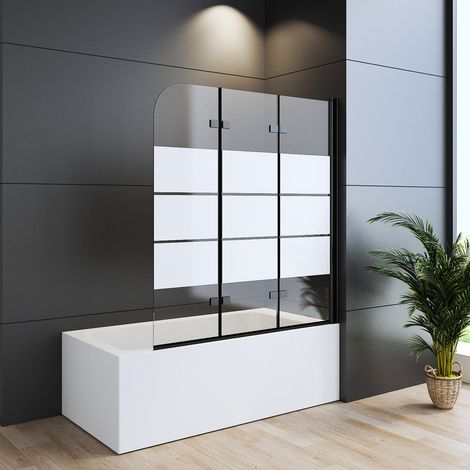 Duschwand für Badewanne Schwarz 130x140cm Badewannenaufsatz 3-teilig Duschtrennwand für Badewanne Duschwand Badewanne Faltwand Duschabtrennung Badewanne, 6mm ESG Glas mit Milchglas Streifen