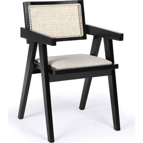 Chaise design avec accoudoirs et cannage rotin Hiro Bois foncé et Tissu Beige