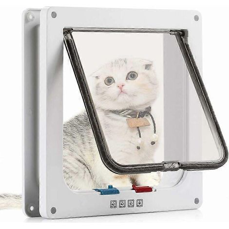 Magnetische 4-Wege-Katzenklappe, Tür für Katzen und kleine Hunde, mit Tunnel (M-19,7 x 19 x 5,5 cm, weiß)