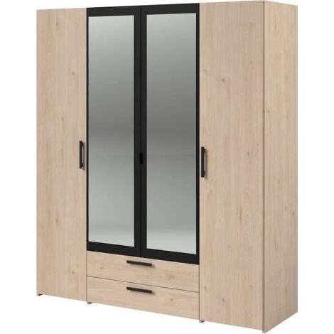 Armoire 4 portes battantes – 2 miroirs – 2 tiroirs – Décor chêne et noir – Dimensions L160 x H185 x P51.7 cm – Panneau de particules – Parisot (1/5)
