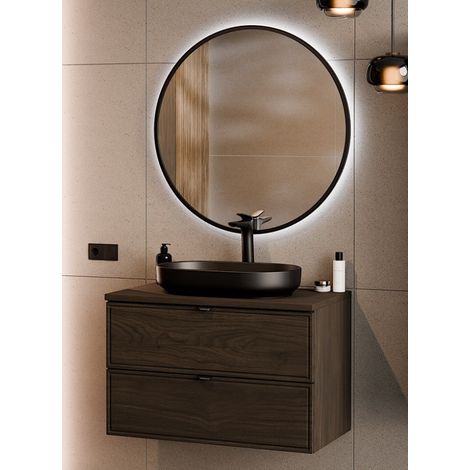 Ensemble Meuble Vasque 80 cm + Plateau + Vasque posée + Miroir LED assorti - L 80 x P 46 x 52,5 cm - Caldera Foncé - Livraison gratuite