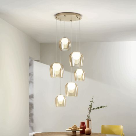 Lampada a sospensione in metallo Oro e vetri Ambra SANTOS 6 Luci Led 45 cm (1/5)